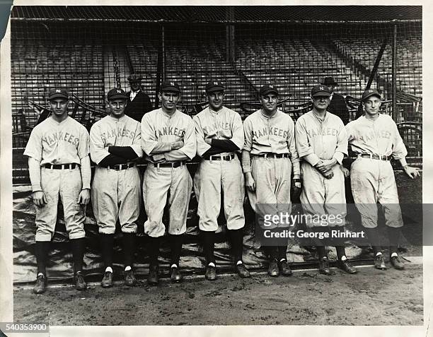 The strong pitching staff of the Yankees- left to right, Henry Johnson, Waite Hoyt, Tom Zachary, George Pipgras, Rosy Ryan, Heimach, and Myles Thomas.
