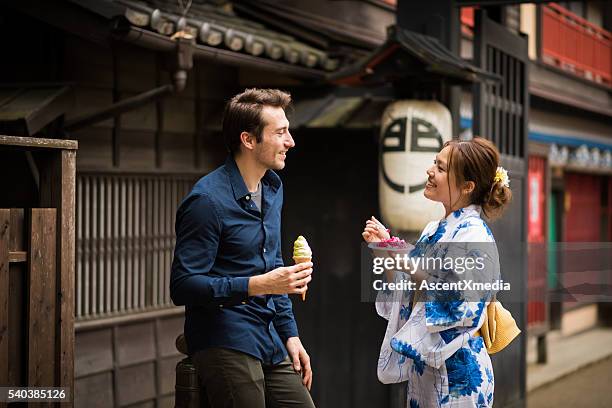 japanese woman on a date with a caucasian male - snow cones shaved ice stock pictures, royalty-free photos & images