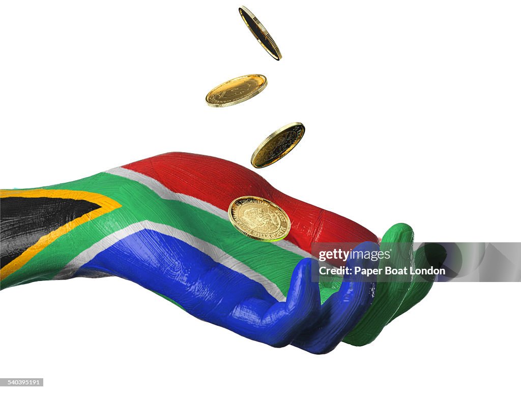 Hand painted flag of South Africa with gold coins