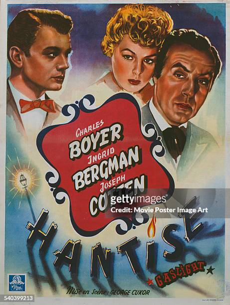 Poster for the Belgian release of George Cukor's 1944 mystery-thriller, 'Gaslight' , starring Joseph Cotten, Ingrid Bergman and Charles Boyer.