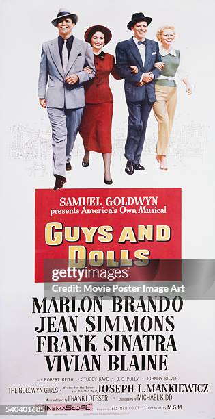 Poster for Joseph L. Mankiewicz's 1955 comedy 'Guys and Dolls' starring Marlon Brando, Jean Simmons, Frank Sinatra, and Vivian Blaine.