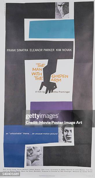 Poster designed by Saul Bass for Otto Preminger's 1955 drama 'The Man with the Golden Arm' starring Frank Sinatra, Kim Novak, and Eleanor Parker.