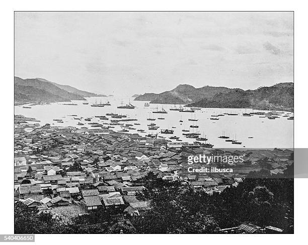 stockillustraties, clipart, cartoons en iconen met antique photograph of city and harbor of nagasaki (japan-19th century) - nagasaki prefecture