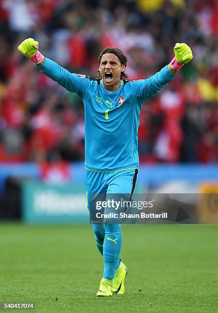 Yann Sommer of Switzerland celebrates after his scored their first goal during the UEFA EURO 2016 Group A match between Romania and Switzerland at...