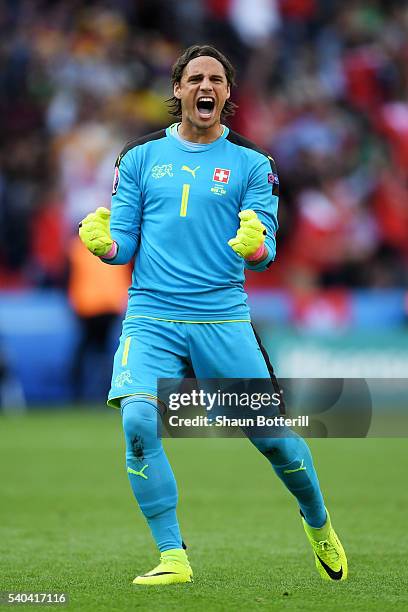 Yann Sommer of Switzerland celebrates after his scored their first goal during the UEFA EURO 2016 Group A match between Romania and Switzerland at...