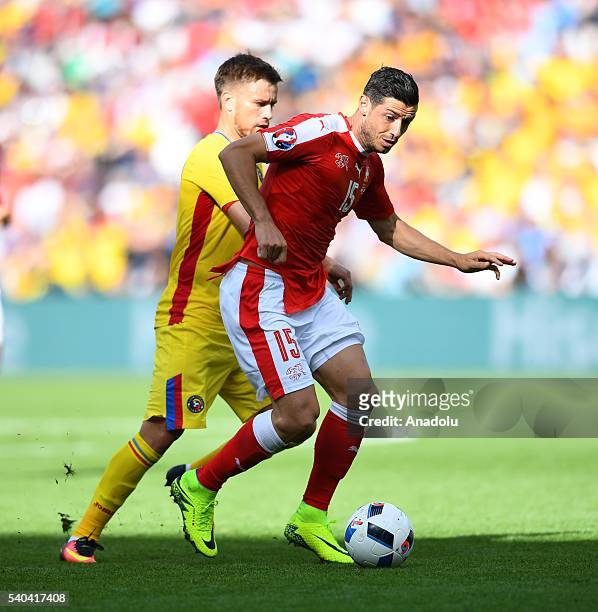 Blerim Dzemaili of Switzerland in action during the UEFA Euro 2016 Group A match between Romania and Switzerland at the Parc des Princes in Paris,...