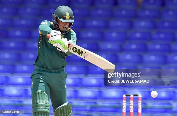 South African wicketkeeper Quinton de Kock plays a shot during the 6th One Day International match of the Tri-nation Series between West Indies and...