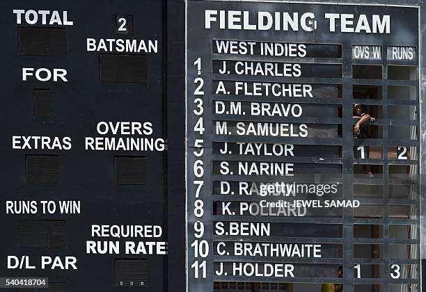 Scorekeeper watches the play during the 6th One Day International match of the Tri-nation Series between West Indies and South Africa at the Warner...