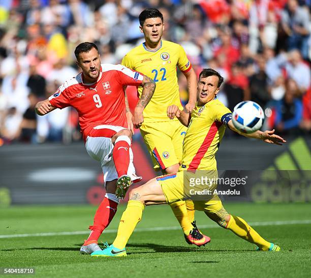 Haris Seferovic of Switzerland in action during the UEFA Euro 2016 Group A match between Romania and Switzerland at the Parc des Princes in Paris,...