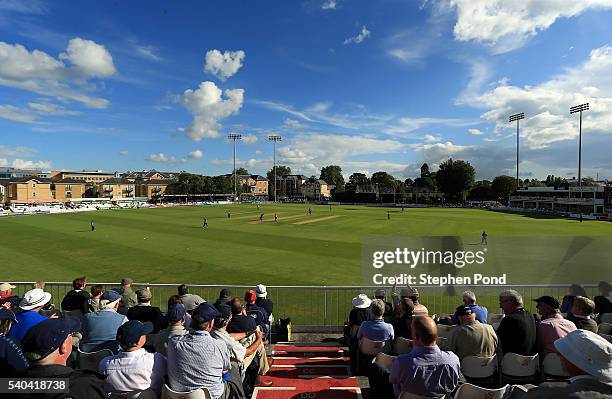 General view of the action underway during the Royal London One-Day Cup match between Essex and Kent at the Ford County Ground on June 15, 2016 in...