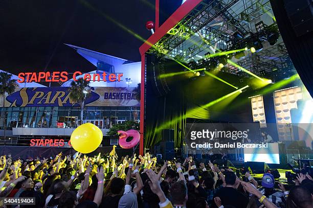 Steve Aoki performs during the Doritos #MixArcade at L.A. LIVE on June 14, 2016 in Los Angeles, California.