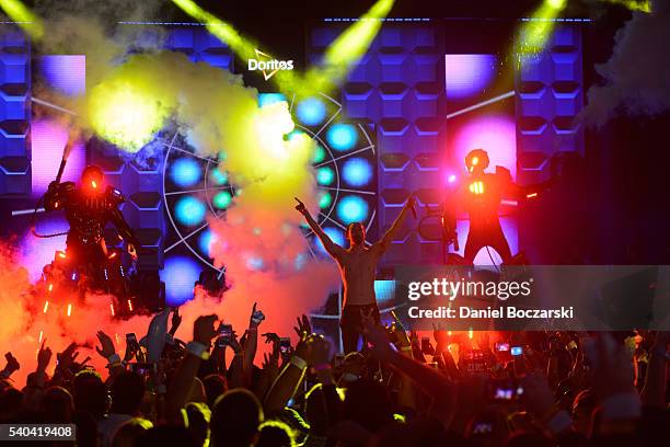 Steve Aoki performs during the Doritos #MixArcade at L.A. LIVE on June 14, 2016 in Los Angeles, California.