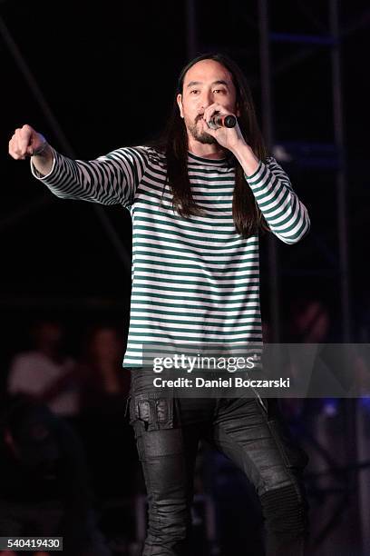 Steve Aoki performs during the Doritos #MixArcade at L.A. LIVE on June 14, 2016 in Los Angeles, California.