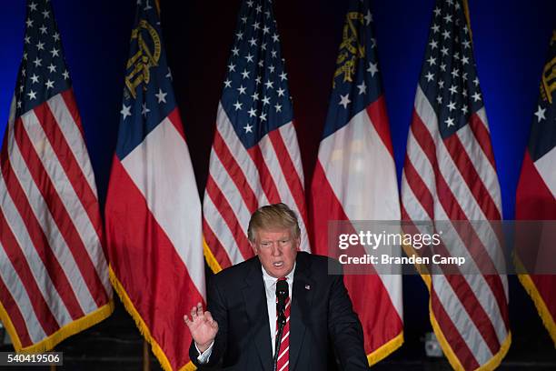 Republican presidential candidate Donald Trump speaks during a campaign rally at The Fox Theatre on June 15, 2016 in Atlanta, Georgia. Trump and...