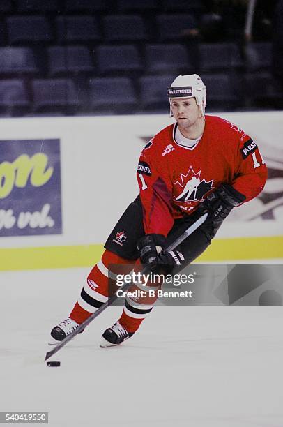 Canadian professional ice hockey player Owen Nolan, right wing of Team Canada, on the ice at the Men's World Ice Hockey Championships in Finland...