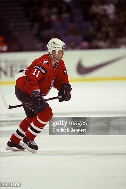Canadian professional ice hockey player Owen Nolan, right wing of Team Canada, on the ice at the Men's World Ice Hockey Championships in Finland...