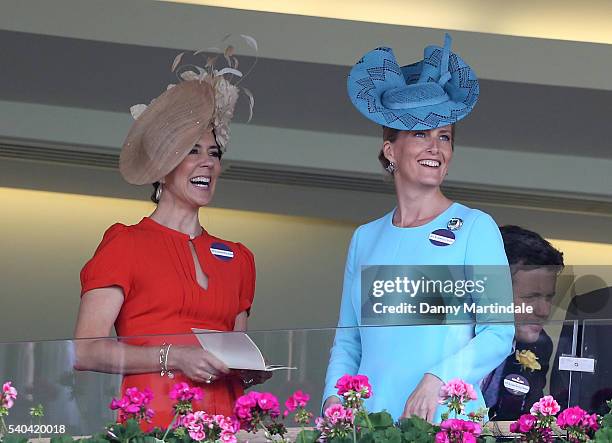 Crown Princess Mary of Denmark and Sophie, Countess of Wessex watch the racing during day 2 of Royal Ascot at Ascot Racecourse on June 15, 2016 in...