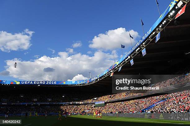 General view of match action during the UEFA EURO 2016 Group A match between Romania and Switzerland at Parc des Princes on June 15, 2016 in Paris,...