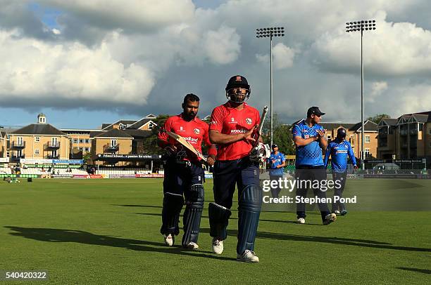 Ravi Bopara of Essex leaves the field after victory in the Royal London One-Day Cup match between Essex and Kent at the Ford County Ground on June...