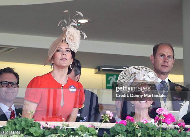 Crown Princess Mary of Denmark and Catherine, Duchess of Cambridge watch the races on day 2 of Royal Ascot at Ascot Racecourse on June 15, 2016 in...
