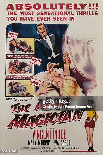 Poster for John Brahm's 1954 horror film, 'The Mad Magician', starring Vincent Price, Eva Gabor and Mary Murphy . The film was released in 3-D.