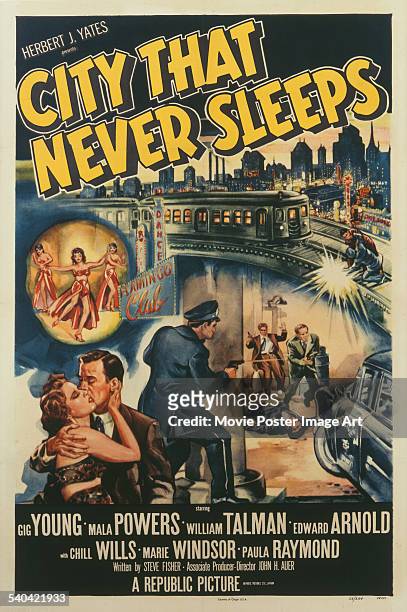 Poster for John H. Auer's 1953 film noir, 'City That Never Sleeps', starring Gig Young and Mala Powers.