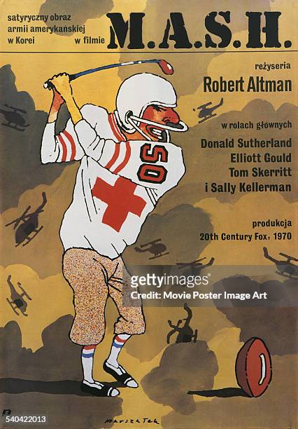 Poster for the Polish release of Robert Altman's 1970 satirical black comedy 'MASH'. The film stars Donald Sutherland, Tom Skerritt and Elliott Gould.