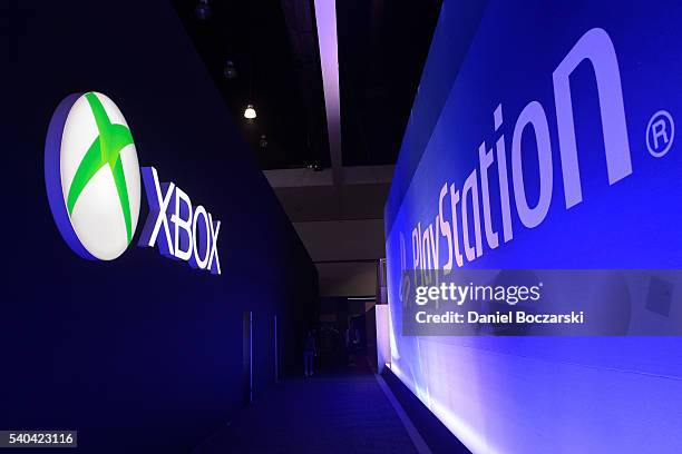 View of the Xbox and PlayStation booths during E3 Electronic Entertainment Expo 2016 at Los Angeles Convention Center on June 14, 2016 in Los...