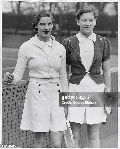 Surrey Hard Court Tennis Championships at the Roehampton Club, London, S.W.: London, England: Photo shows Miss Kay Stammers and Miss Jean Nicoll, the...