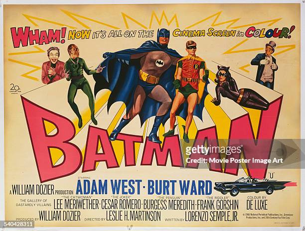 Poster for the British release of Leslie H. Martinson's 1966 superhero comedy, 'Batman The Movie', starring Cesar Romero, Frank Gorshin, Adam West,...