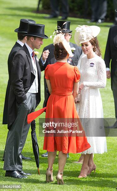 Crown Princess Mary of Denmark, , talks to Catherine, Duchess of Cambridge and Prince William, Duke of Cambridge, on day 2 of Royal Ascot at Ascot...