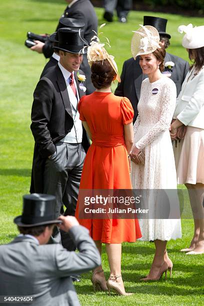 Crown Princess Mary of Denmark, , talks to Catherine, Duchess of Cambridge and Prince William, Duke of Cambridge, on day 2 of Royal Ascot at Ascot...