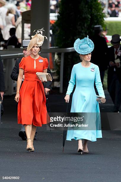 Crown Princess Mary of Denmark, and Sophie, Countess of Wessex, attend day 2 of Royal Ascot at Ascot Racecourse on June 15, 2016 in Ascot, England.