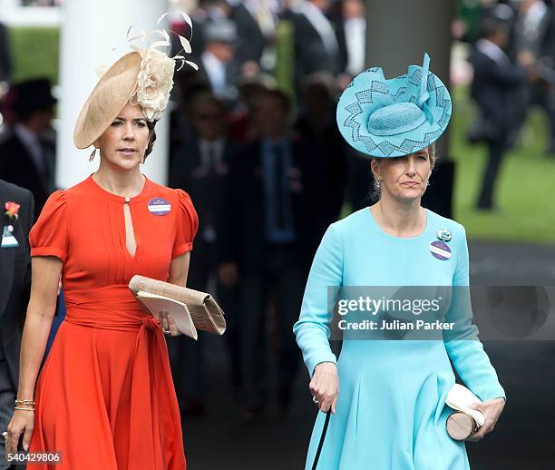 Crown Princess Mary of Denmark, and Sophie, Countess of Wessex, attend day 2 of Royal Ascot at Ascot Racecourse on June 15, 2016 in Ascot, England.