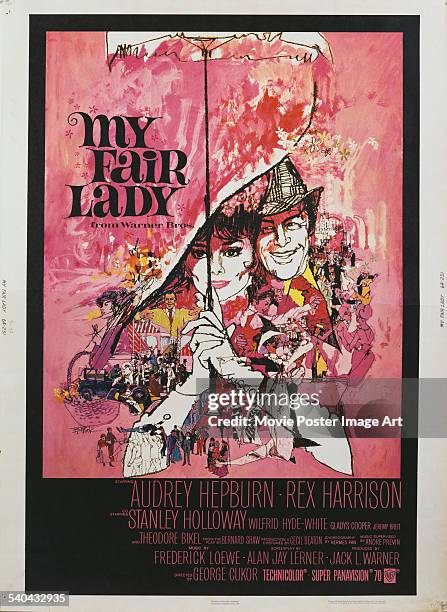 Poster for George Cukor's 1964 musical, 'My Fair Lady', starring Audrey Hepburn and Rex Harrison.