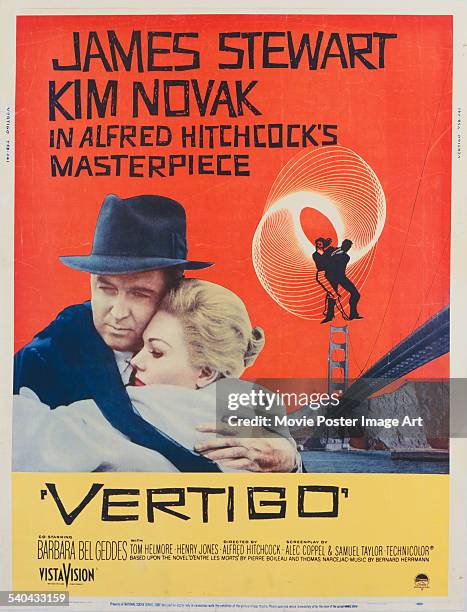 Poster for Alfred Hitchcock's 1958 psychological thriller, 'Vertigo', starring James Stewart and Kim Novak.