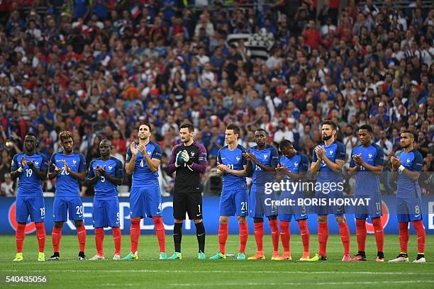 France's players line up for the Euro 2016 group A football match between France and Albania at the Velodrome stadium in Marseille on June 15, 2016 :...