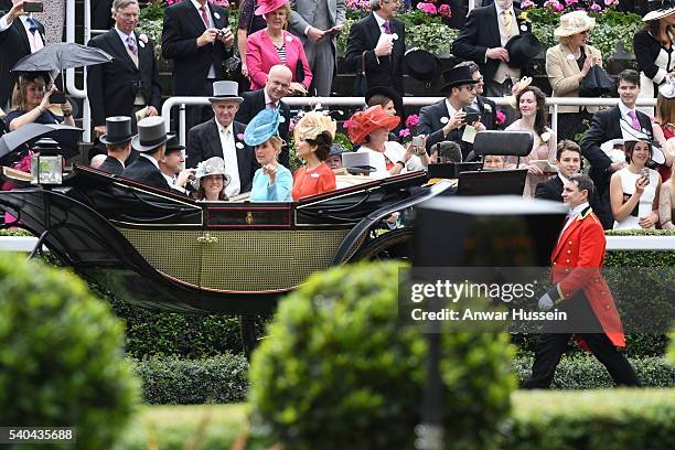 Sophie, Countess of Wessex and Crown Princess Mary of Denmark arrive in an open carriage to attend Day 2 of Royal Ascot on June 15, 2016 in Ascot,...