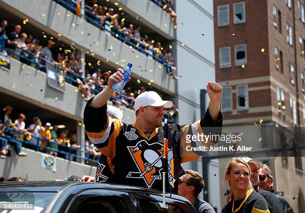 Phil Kessel of the Pittsburgh Penguins celebrates during the Victory Parade and Rally on June 15, 2016 in Pittsburgh, Pennsylvania. The Penguins...