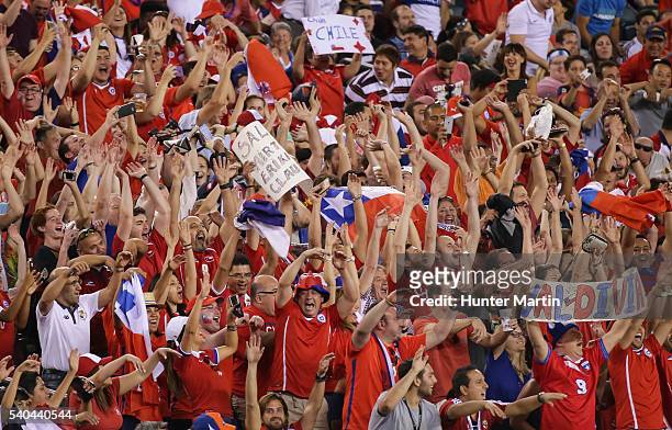 Fans of Chile cheer for their team during a group D match between Chile and Panama at Lincoln Financial Field as part of Copa America Centenario US...