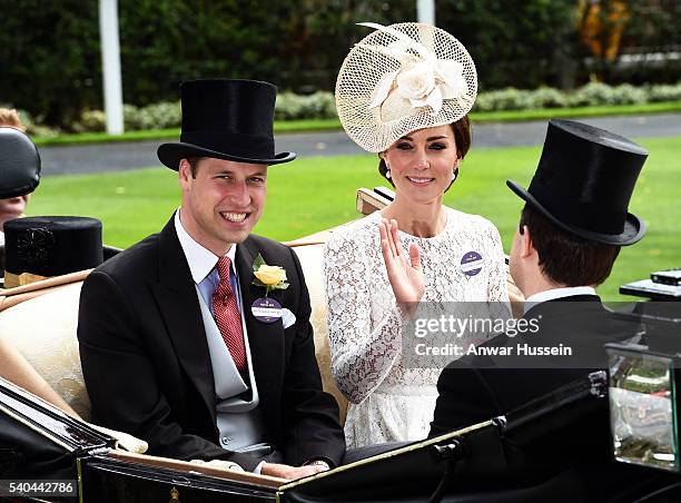 Prince William, Duke of Cambridge and Catherine, Duchess of Cambridge arrive in an open carriage to attend Day 2 of Royal Ascot on June 15, 2016 in...