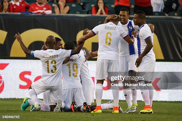 Players of Panama celebrate after a goal during a group D match between Chile and Panama at Lincoln Financial Field as part of Copa America...