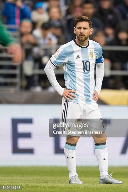 Lionel Messi of Argentina waits to take a free kick during a group D match between Argentina and Bolivia at CenturyLink Field as part of Copa America...