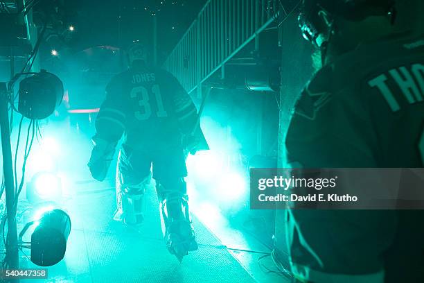 Rear view of San Jose Sharks goalie Martin Jones taking ice before game vs Pittsburgh Penguins at SAP Center. Game 6. San Jose, CA 6/12/2016 CREDIT:...