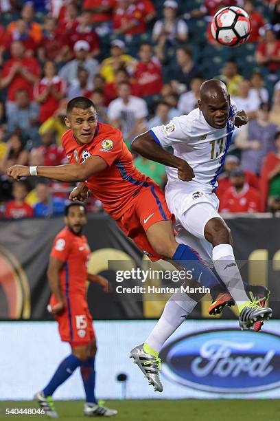 Alexis Sanchez of Chile and Adolfo Machado of Panama compete for a header during a group D match between Chile and Panama at Lincoln Financial Field...