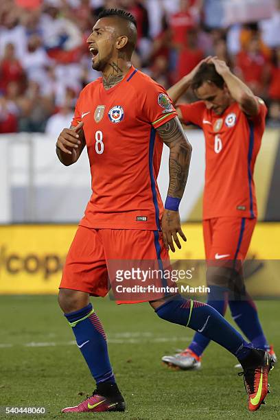 Arturo Vidal of Chile reacts after a missed shot during a group D match between Chile and Panama at Lincoln Financial Field as part of Copa America...