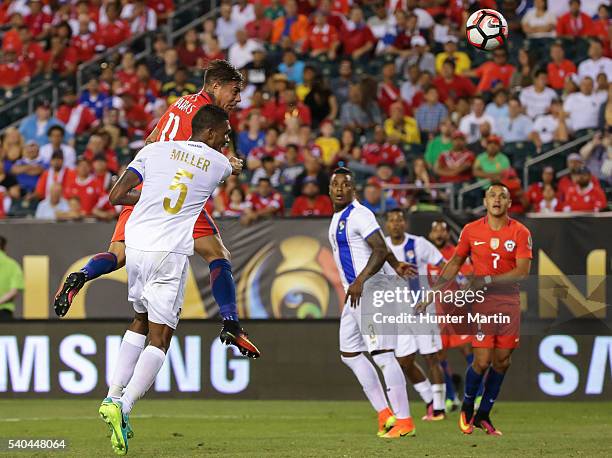 Eduardo Vargas of Chile heads the ball to score during a group D match between Chile and Panama at Lincoln Financial Field as part of Copa America...