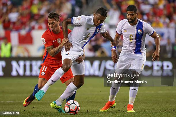 Eduardo Vargas of Chile and Roderick Miller of Panama compete for the ball during a group D match between Chile and Panama at Lincoln Financial Field...