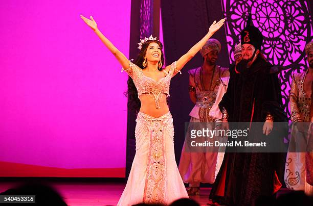 Cast member Jade Ewen bows at the curtain call during the press night performance of Disney's "Aladdin" at The Prince Edward Theatre on June 15, 2016...