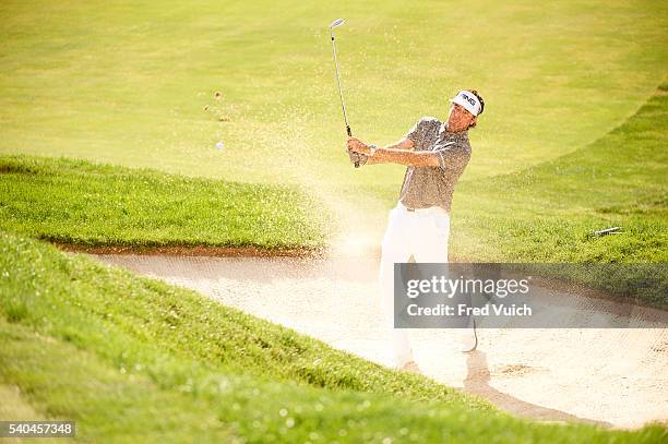Bubba Watson in action from sand during Friday play at Muirfield Village GC. Dublin, OH 6/3/2016 CREDIT: Fred Vuich